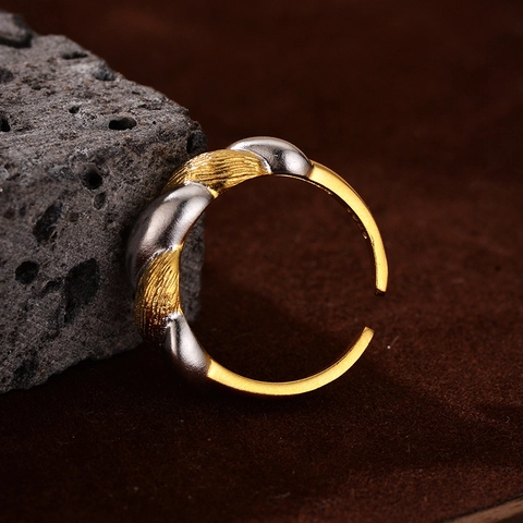 Bague Torsadée En Argent Sterling 925 Bicolore Plaqué Or 18K Brossé Rétro Anneau Ouvert Ajustable Bijoux Pour Femme