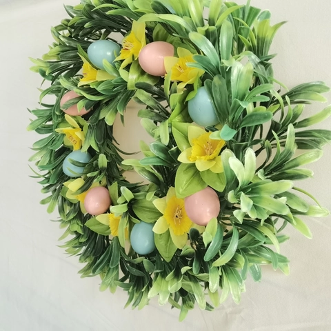 Easter Wreath Artificial Flower Colorful Eggs Plastic Green Leaves Door Hanging Spring Home Wall Decor Festive Ornament