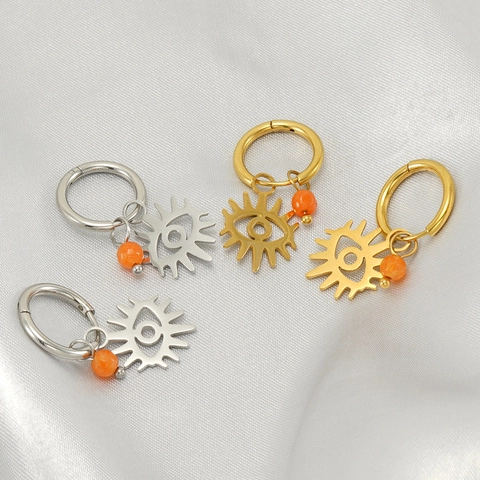 Evil Eye Hoop Ohrringe Edelstahl Mit 18K Vergoldetem Sonnenstrahl Hohl Anhänger Und Orangem Naturstein Für Damen