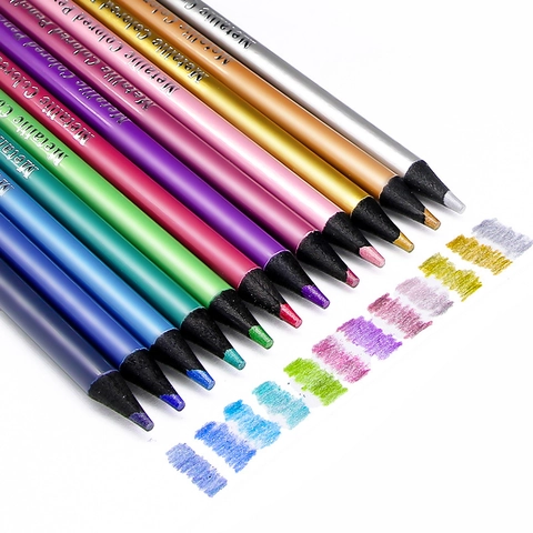Metallic Colored Pencils Black Wood Professional Art Drawing Sketching Supplies Multi Color Luster