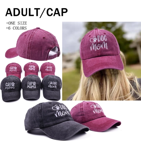 Casquette De Baseball Brodée Dog Mom Cat Mom Coton Lavé Ajustable Vintage Bord Incurvé Chapeau Protection Solaire Extérieur