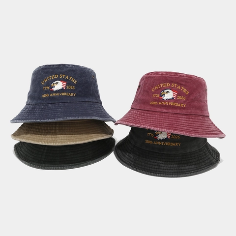 Washed Cotton Bucket Hat USA Adler Stickerei Vintage Distressed Sonnenschutz Outdoor Packbarer Fischerhut