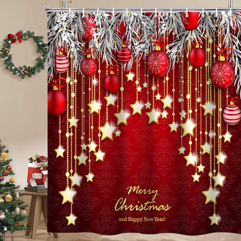 Christmas Shower Curtain Bath Mat Toilet Lid Cover Polyester Waterproof Non-Slip Festive Red Gold Star Reindeer Decor