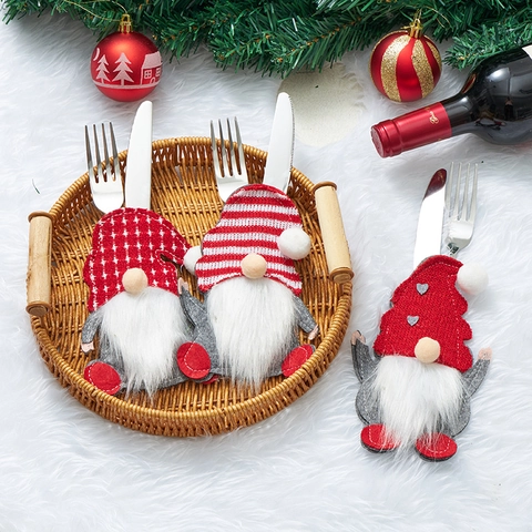 Porte-Couverts De Gnome De Noël Tissu Feutre Père Noël Poupée Sans Visage Sacs À Argenterie Pour Décor De Table De Dîner De Fête