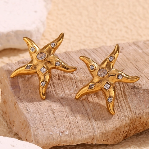 Starfish Stud Earrings 18K Gold Plated Stainless Steel Irregular Geometric Zircon Rhinestone Fashion Jewelry For Women