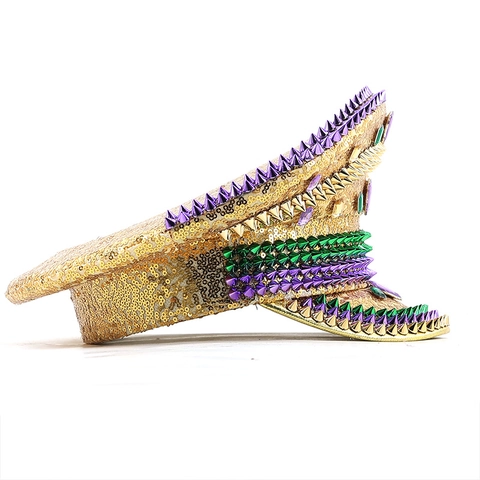 Gold Sequin Captain Hat With Spikes And Rhinestones Military Festival Party Performance Carnival Disco Statement Cap