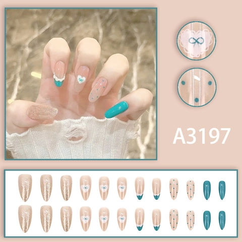 Ongles À Presser Bleu Tiffany Nude Design Coeur Noeud Style Français Pois Dentelle Forme Amande Longue Femmes