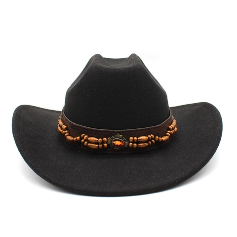 Chapeau De Cow-Boy Western Feutre De Laine Large Bord Style Ethnique Perles En Bois Bande De Pierres Précieuses Fedora
