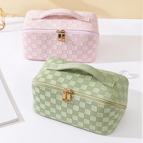 Borsa Per Trucco A Scacchi Pelle PU Grande Capacità Impermeabile Organizzatore Di Cosmetici Da Viaggio Forma Cuscino Donne