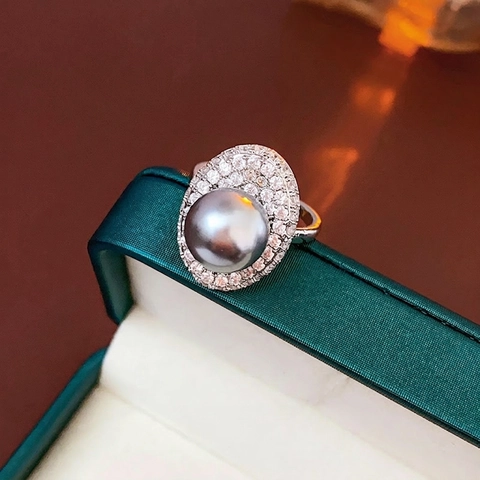 Eleganter Verstellbarer Kupferring Mit Grauer Kunstperle Und Ovalem Zirkonia Halo Schmuck Im Koreanischen Stil Für Damen