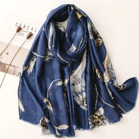 Elegant Scarf Shawl Satin Polyester Gold Stamping Botanical Print Frayed Edge Soft Lightweight Winter Autumn Women