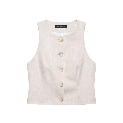 Chaleco Casual Minimalista para Mujer Cuello Redondo Sin Mangas Botonadura Sencilla Color Sólido Texturizado Top Verano Vacaciones