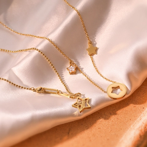 Minimalistische Titanstahl Stern Anhänger Halskette Für Damen Gold Vergoldet Geometrische Strass Charme Mode Schmuck Täglich Halskette