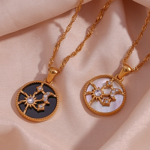 Sun Moon Star Round Pendant Necklace 18K Gold Plated Stainless Steel With Mother Of Artificial Pearl Zircon Celestial Jewelry