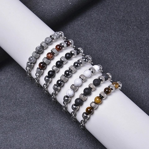 Men Beaded Bracelet Natural Tiger Eye Lava Stone Stainless Steel Chain Link Jewelry Fashion Punk Gift For Him