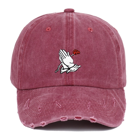 Distressed Baseball Cap Washed Cotton Tattered Holes Prayer Hands Rose Embroidery Retro Vintage Hip Hop Streetwear Hat