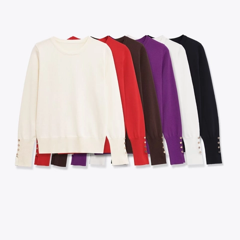 Women Crew Neck Knitted Sweater Long Sleeve Solid Color Pullover Top With Decorative Metal Buttons On Cuffs