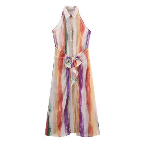 Dames Mouwloze Maxi Jurk Polyester Chiffon Verticale Strepen Aquarel Print Taille Strik Kraag Elegant Zomer Lange Rok