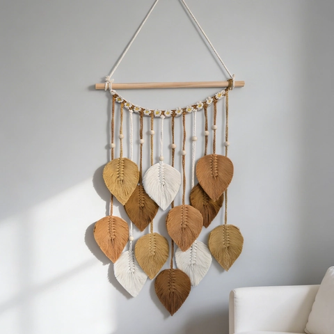 Boho Macrame Wandbehang Handgewebte Baumwolle Blatt Gänseblümchen Design Tapisserie Heimdekor Schlafzimmer Wohnzimmer Holzstange