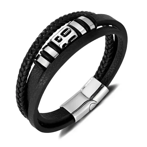 Pulsera De Cuero Trenzado Multicapa Para Hombre Con Amuletos Geométricos De Acero Inoxidable Estilo Retro Punk Joyería De Moda