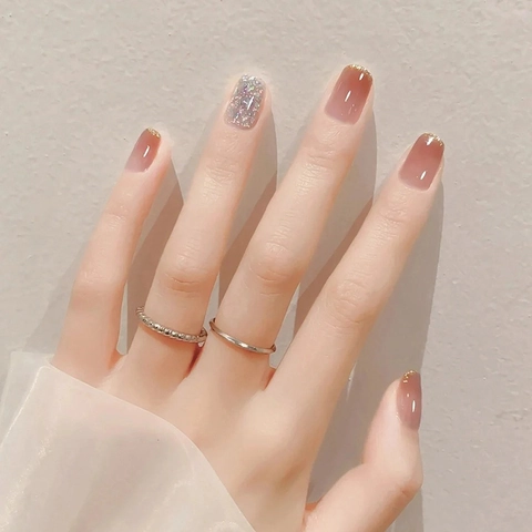 Press On Nails Square Peach Ombre Gold French Edge Silver Glitter Glossy False Nails For Women Manicure