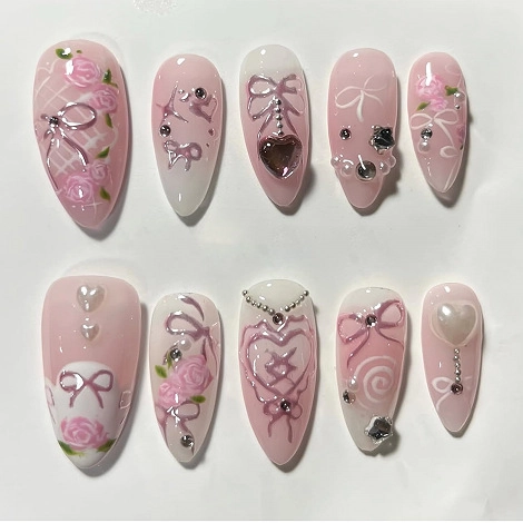 Zoete Roze Witte Amandel-Druk Op Nagels Met Strass- En Kunstpareldecoratie En Rozenpatroon Met Strik Voor Dames Romantische Stijl