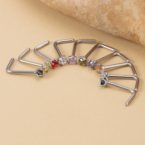Nose Studs Stainless Steel Cubic Zirconia L-Shaped Four Prong Set Body Piercing Jewelry For Women And Men Colorful