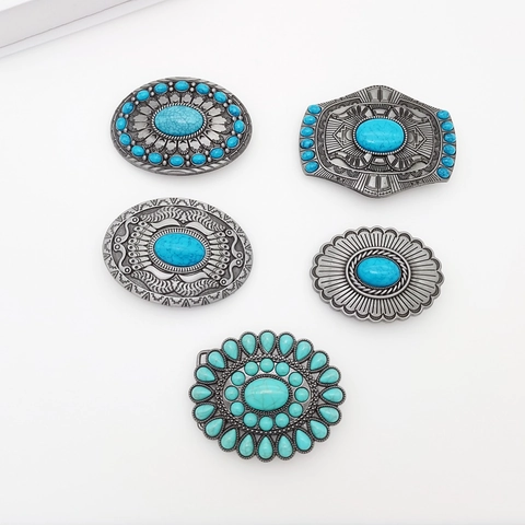 Vintage Western Belt Buckle Zinc Alloy Faux Turquoise Inlay Oval Bohemian Cowboy Style