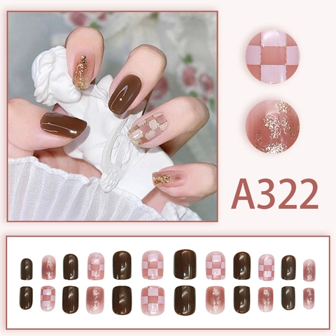 Braun Kariert Press On Nägel Goldfolie Kurz Eckig Rund Falsche Nägel Süßer Retro Stil DIY Maniküre Für Frauen
