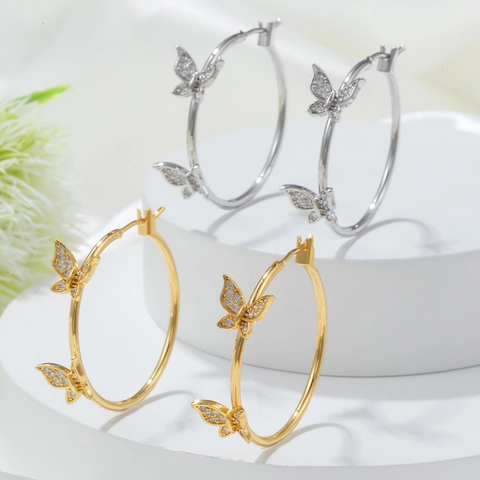 Butterfly Hoop Earrings Copper White Zircon Pave Inlaid Elegant Light Luxury Jewelry For Women