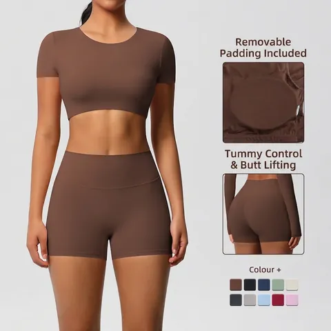Tenue De Yoga Femme Crop Top Manches Courtes Et Short Taille Haute Brossé Double Face Respirant Sport Fitness