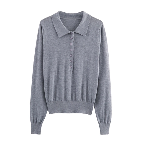 Polo In Maglia A Maniche Lunghe Da Donna Tinta Unita Bottoni Polsini A Costine Casual Slim Top Poliestere Acrilico Maglione