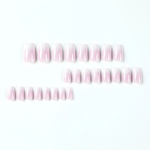 French Ombre Press On Nails Pink White Gradient Medium Square Coffin Artificial False Fingernails Glossy Elegant For Women
