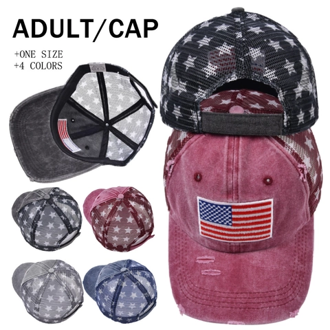 US Flag Patch Baseball Cap Distressed Washed Cotton Breathable Mesh Star Print Retro Adjustable Trucker Hat