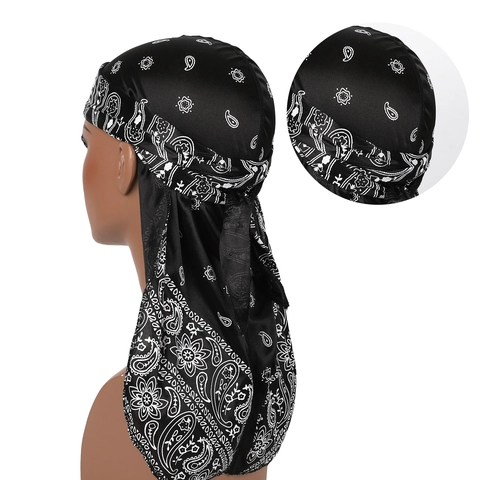 Paisley Pattern Polyester Silky Durag Long Tail Headwrap Hip Hop Pirate Cap For Men Women Breathable Sun Protection Headscarf