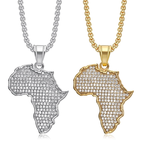 Africa Map Pendant Necklace Titanium Steel Iced Out Rhinestone Hip Hop Streetwear Jewelry For Men Women Gold Silver Color