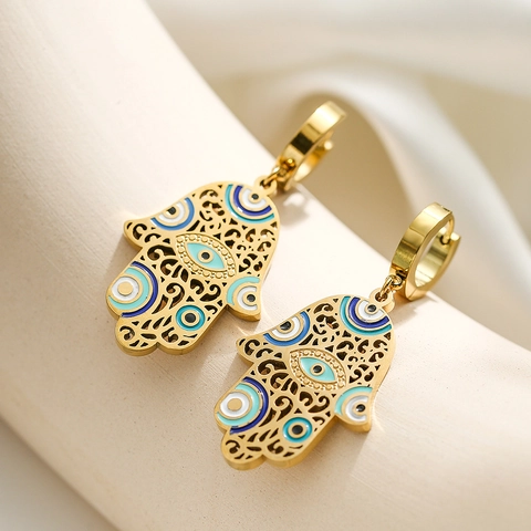 Orecchini a Goccia Hamsa Hand Evil Eye in Acciaio al Titanio Con Strass Smalto Orecchini Pendenti per Donna Gioielli Stile Etnico Vintage