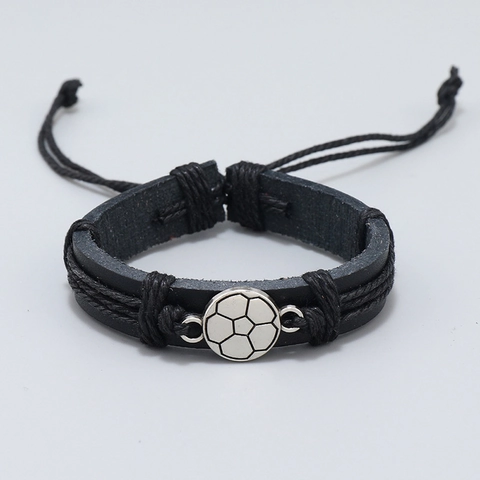 Bracciale in Pelle Sintetica a Forma di Calcio Nero Intrecciato a Mano Regolabile Sport Cord Wristband Gioielli
