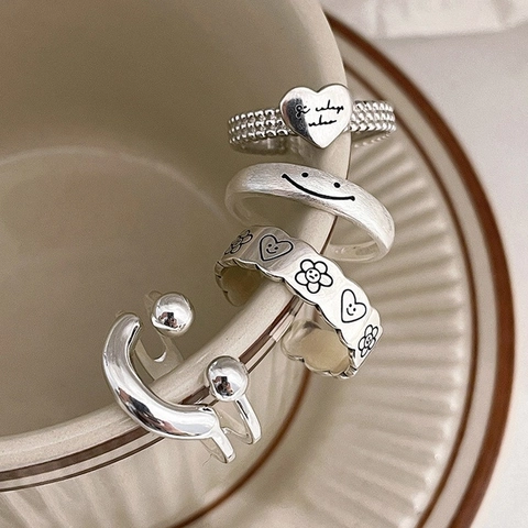 925 Sterling Silver Adjustable Rings Smiley Face Heart Bow Knot Cubic Zirconia Minimalist Fashion Jewelry For Women