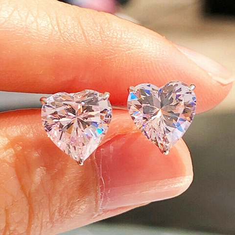 Heart Shaped Stud Earrings Colorful Zircon Copper With Silver Earring Post Three-Prong Setting Jewelry For Women
