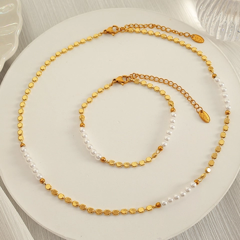 Collier Et Bracelet En Cuivre Rétro Minimaliste Mode Élégante Bijoux En Süßwasserperles De Verre Blanches Polies Pour Femmes
