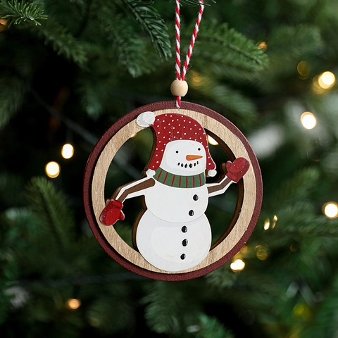 Ornements Suspendus Noël En Bois Rond Creux Père Noël Bonhomme De Neige Renne Décoration Arbre Saisonnière