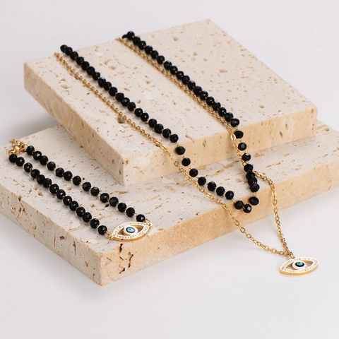 Evil Eye Sieradenset 304 Roestvrij Staal Zwarte Glazen Kralen Strass Hanger Dubbellaagse Ketting En Armband Voor Dames Mode