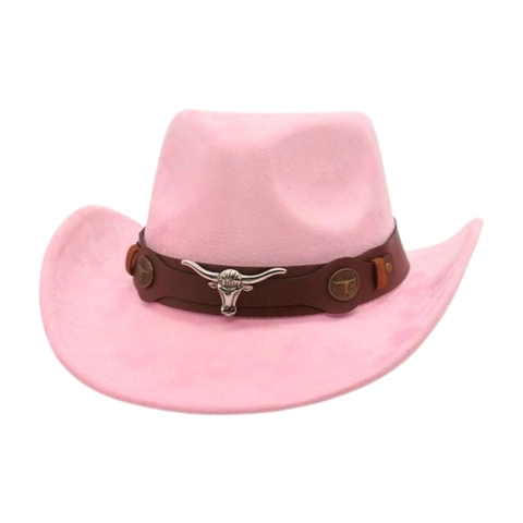 Ethnischer Western Cowboyhut Vintage Wildlederimitat Fedora Hut Mit Stierkopf Metalldekor Braunem Ledergürtel Für Damen Herren Bühne