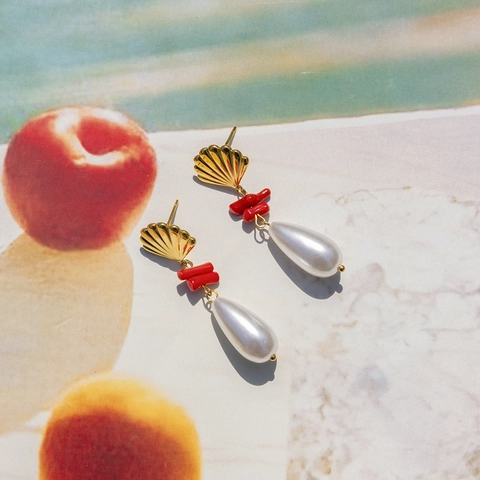 Pendientes Colgantes Perla Artificial Concha Acero Inoxidable Chapado Oro 18K Coral Sintético Estilo Playa Para Mujeres