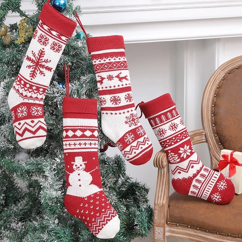 Christmas Stockings Knitted Acrylic Festive Holiday Hanging Decor Snowflake Elk Patterns Nordic Style Large Gift Bag