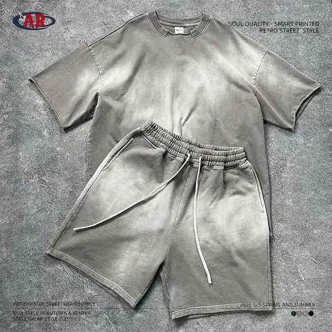 T-Shirt E Pantaloncini Da Uomo In Cotone Pesante Lavato Effetto Usato Streetwear Americano Vintage Spray Dye