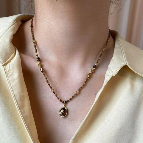 Collar De Cuentas Vintage Con Piedra Ojo De Tigre Colgante Ovalado Irregular Cobre Chapado En Oro Cadena De Clavícula Retro