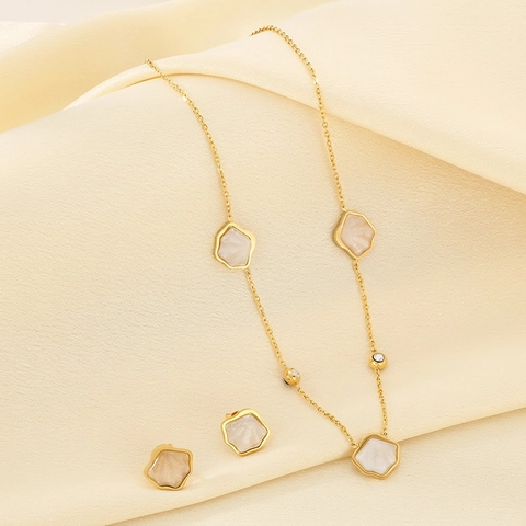 Collar Y Pendientes De Botón De Acero Inoxidable Bañado En Oro Nácar Concha Flor Para Mujer Minimalista Circonita