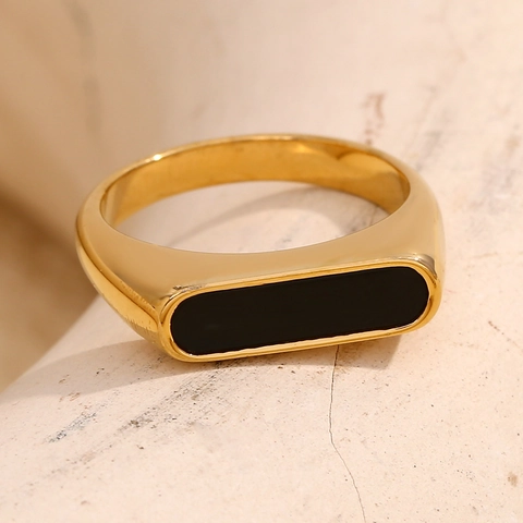 Rectangular Black White Shell Inlay Ring Stainless Steel 18K Gold Plated Minimalist Geometric Finger Jewelry For Women